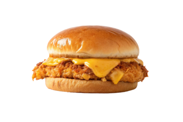 Crispy chicken sandwich with melted cheese on a soft bun ready to be enjoyed at a casual dining spot