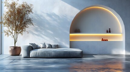 Desain interior minimalis ruang tamu modern dengan sofa abu-abu di dinding putih, dilengkapi rak dan tanaman di lantai beton. Mock-up latar belakang interior. Lensa sudut lebar, pencahayaan realistis