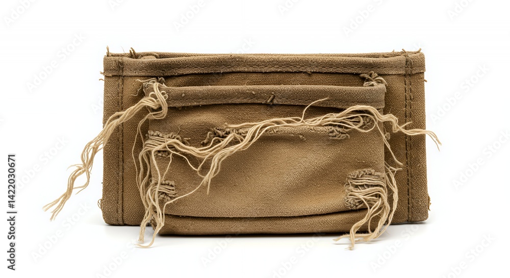 Poster worn tan canvas tool pouch with loose threads on white background