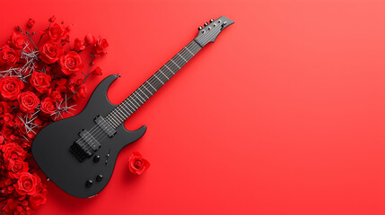 Black Electric Guitar with Red Roses on Red Background