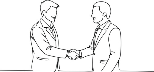 Minimalist Line Art Two Businessmen Shaking Hands in Agreement, Simple Black Outline