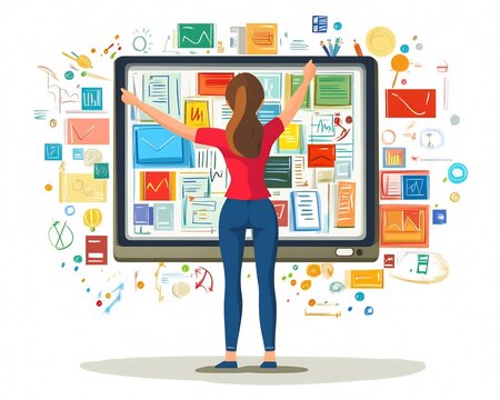 Flat design project coordinator presenting real time task board colored task cards and milestone markers