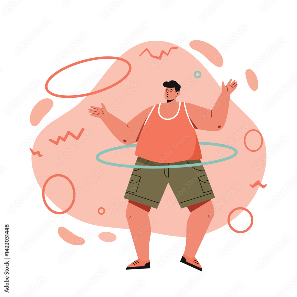 Poster man exercising with hula hoops wearing orange tank top and green shorts in dynamic pose with abstrac