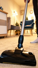 person using a sleek black cordless vacuum cleaner to clean a beige carpet in a cozy living room