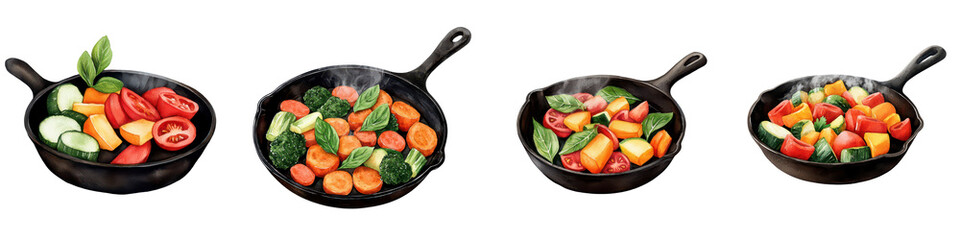 Colorful Stir-Fried Vegetables in Skillets with Steam Rising