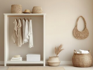 Bohochic dressing area with an open wardrobe, handmade woven baskets, and a soft neutral color palette