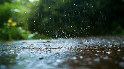 Rain falling on ground, garden background, nature scene, weather image