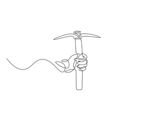 Pickaxe outline drawing illustration. Continuous line draw of mining equipment vector.
