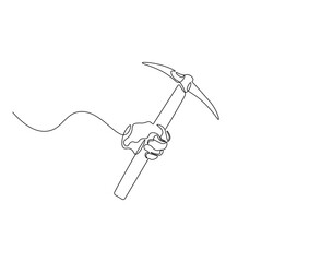 Pickaxe outline drawing illustration. Continuous line draw of mining equipment vector.