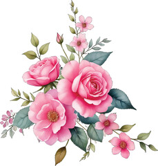 Beautiful pink roses and small blossoms with delicate green leaves in watercolor. Watercolor painting of soft pink roses and flowers with fresh green foliage. Elegant bouquet of pink roses 