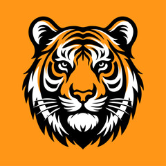 Tiger logo vector illustration template. Simple design icon of roaring beast head with orange background