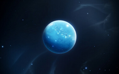 Fototapeta premium Blue Planet Floating In Deep Space Filled With Stars And Nebulae
