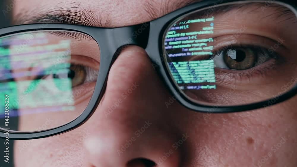 Aufkleber Concentrated programmer reviewing complex code, glasses reflecting illuminated digital lines and intricate software development process, revealing deep technological engagement