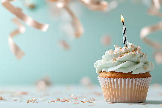 A single vanilla cupcake with smooth white frosting sits centered against a soft pastel background, such as pale peach or dusty blue