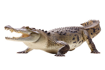 Naklejka premium A powerful crocodile displays its impressive teeth and textured scales against a clean white background.