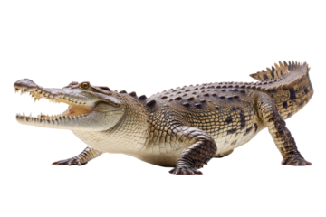 A powerful crocodile displays its impressive teeth and textured scales against a clean white background.