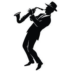 A silhouetted figure of a jazz saxophonist playing passionately, 