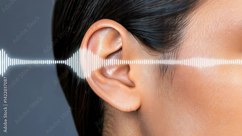 Poster Close up of woman ear listening to different sound levels represented by a digital audio waveform, showing variations in sound intensity and perception