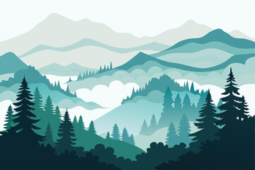 Fototapeta premium Foggy Hills with Pine Trees (Layered Effect)