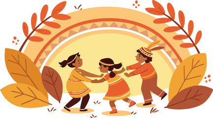 Autumnal Circle of Friendship: Three diverse children, adorned in festive attire, frolic within a vibrant autumnal scene under the gentle arch of a rainbow, celebrating the warmth of friendship. 