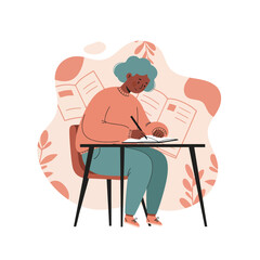 Woman writing at desk with papers and abstract plant shapes in background pastel colors 