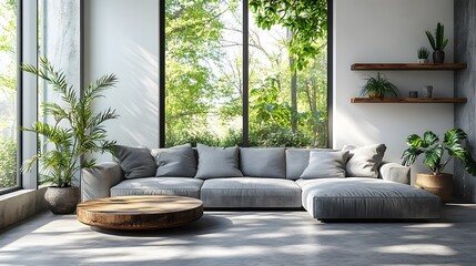 Desain interior minimalis ruang tamu modern dengan sofa abu-abu di dinding putih, dilengkapi rak dan tanaman di lantai beton. Mock-up latar belakang interior. Lensa sudut lebar, pencahayaan realistis