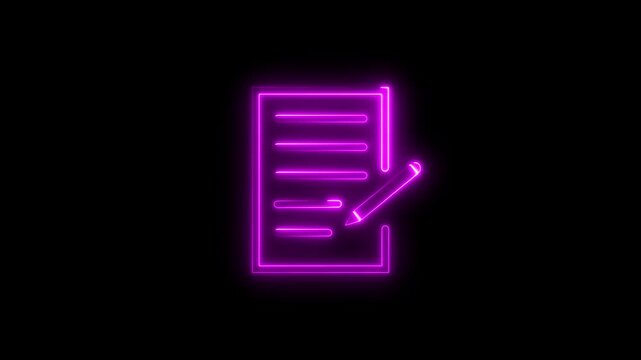 Writing book with peen icon neon glowing concept animation on black background .