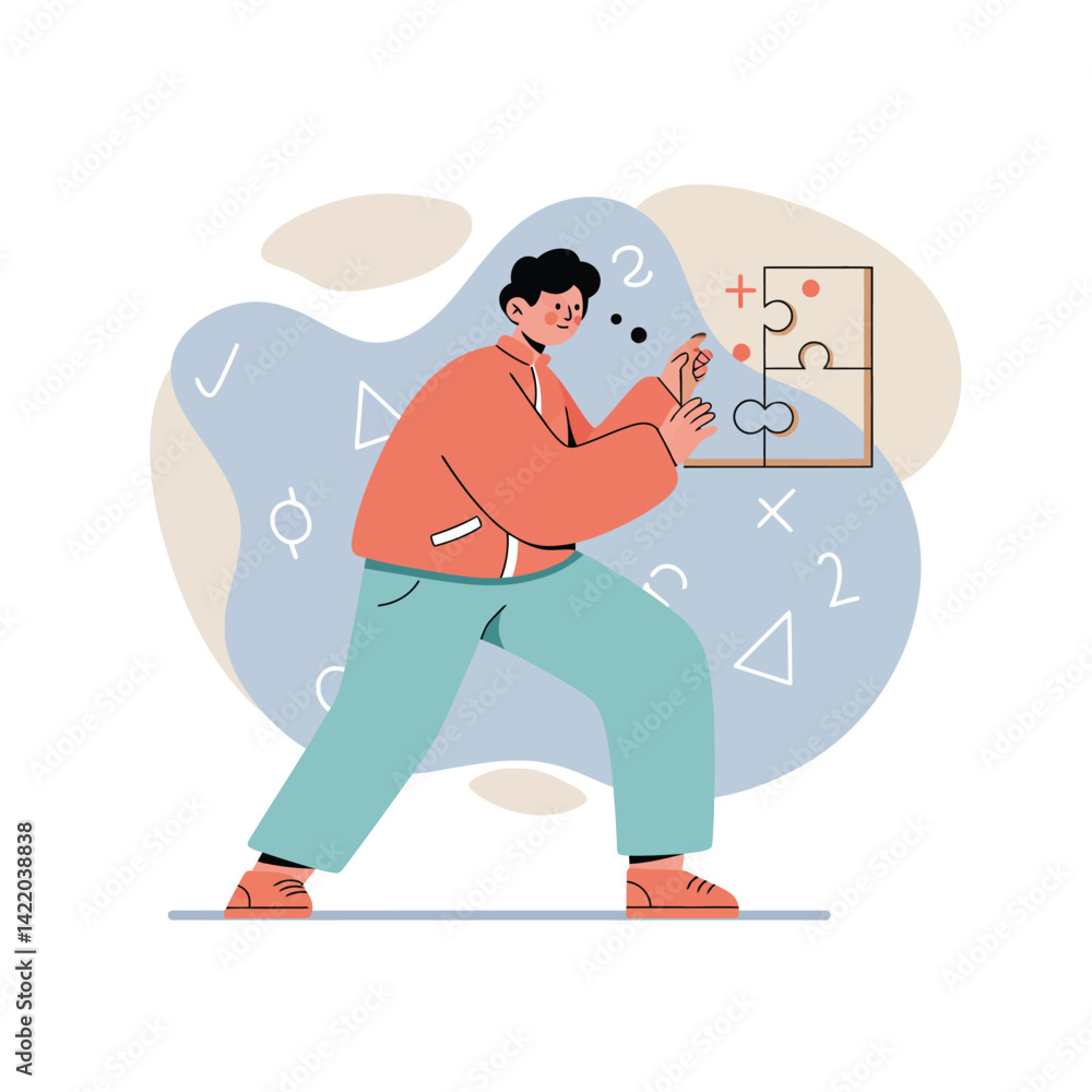 Aufkleber person solving puzzle game with mathematical symbols and abstract shapes in casual outfit engaged in