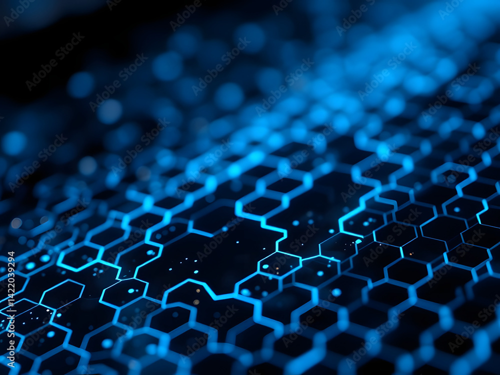 Poster a blue 3d digital design featuring a geometric hexagon pattern with a futuristic, honeycomb structur