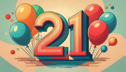 Number 21 with balloons. Retro style illustration for twenty-first birthday or anniversary