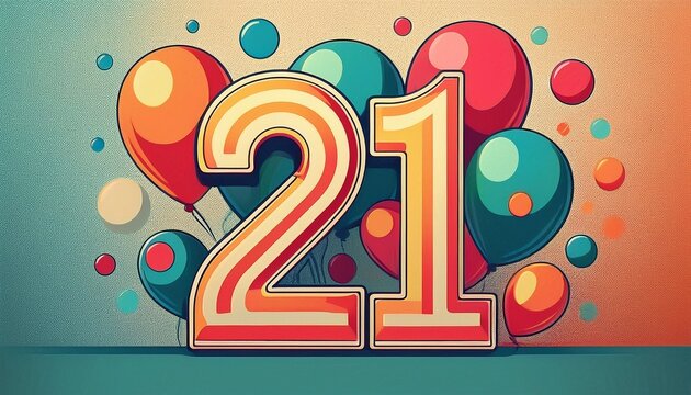 Number 21 with balloons. Retro style illustration for twenty-first birthday or anniversary