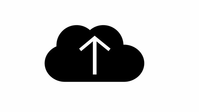 A white upload arrow inside a black cloud icon on a white background.