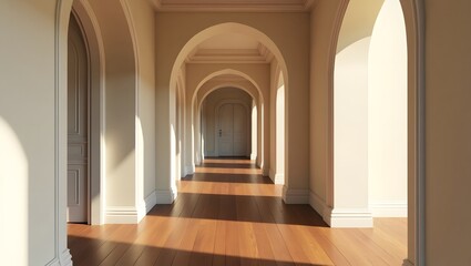 Minimal hallway with archways and soft lighting.