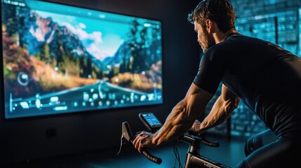 Indoor cycling workout with a virtual landscape backdrop.