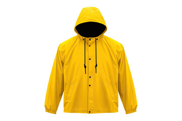 A vibrant yellow raincoat, ready to brave the storm, stands against a stark white background, its hooded design offering protection and a pop of sunshine.