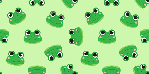 cute frog  faces on green background seamless pattern print design vector illustration