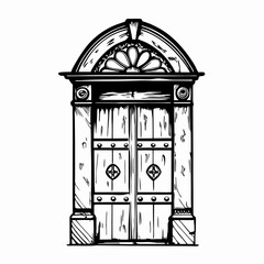 Obraz premium Antique wooden double doors with ornate design and craftsmanship, showcasing architectural elegance and representing entrance or invitation in historical settings.