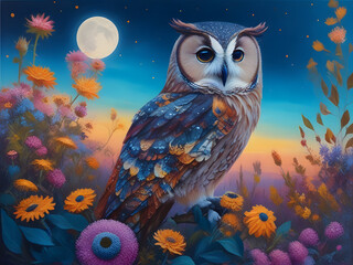 Magical Night Owl Bird Portrait Oil Painting