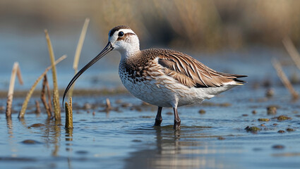 Obraz premium Elegant Dowitcher Bird Foraging In Shallow Water Wetland Habitat