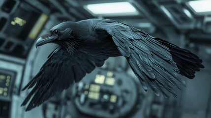 A black crow is flying in front of a control panel. The image has a dark and mysterious mood, as the crow is the only visible object in the scene