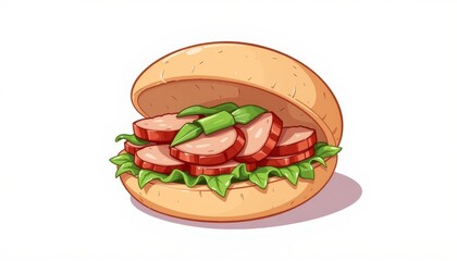 Delicious sandwich with sliced meat and fresh vegetables in a soft bread bun on a clean background
