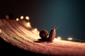 whimsical abstract background features snail gracefully navigating textured surface illuminated by soft lights. scene evokes sense of tranquility and wonder