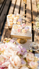 six pastel-colored cupcakes with delicate frosting swirls arranged on a gold-accented cake stand