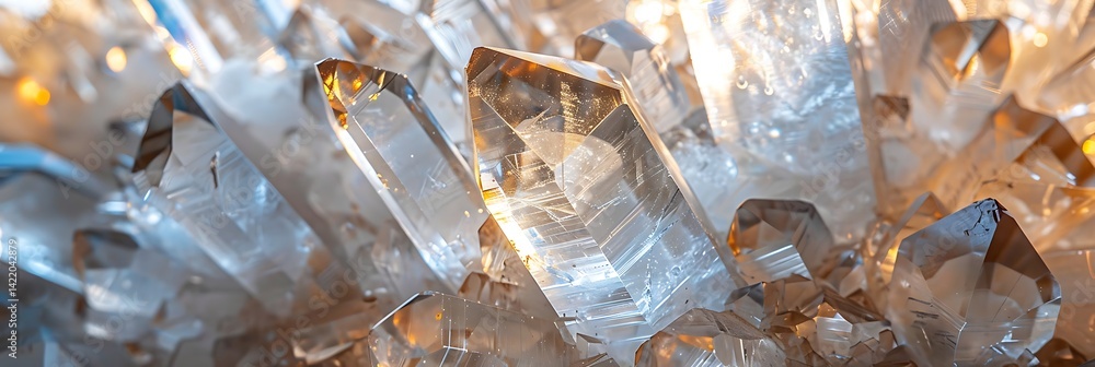Poster macro close-up of a natural clear quartz crystal cluster showing sharp points and facets refracting 