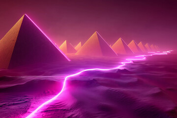 Abstract pyramids rise majestically against vibrant background, illuminated by neon lights that create surreal atmosphere. scene evokes sense of wonder and mystery
