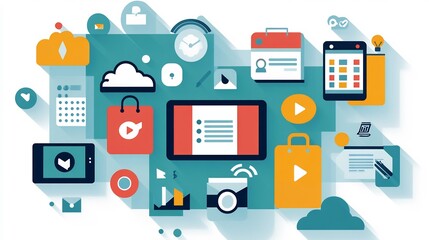 Flat illustration of mobile project management interface calendar task progress and file sharing tools