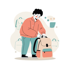 Young person preparing backpack for travel or school with casual clothing and curly hair in simple illustration style 