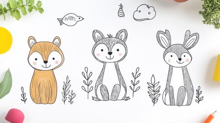 Cute animal drawings on white paper, simple coloring, kids art, educational resources, coloring books, fun, learning, simple designs, background