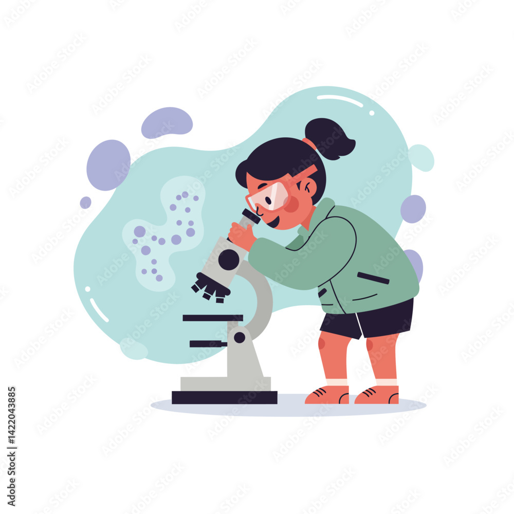 Poster child examining samples using microscope in educational science activity for young learners