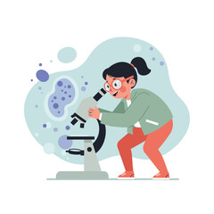 Young girl scientist looking into microscope exploring biology concepts in educational science lab environment